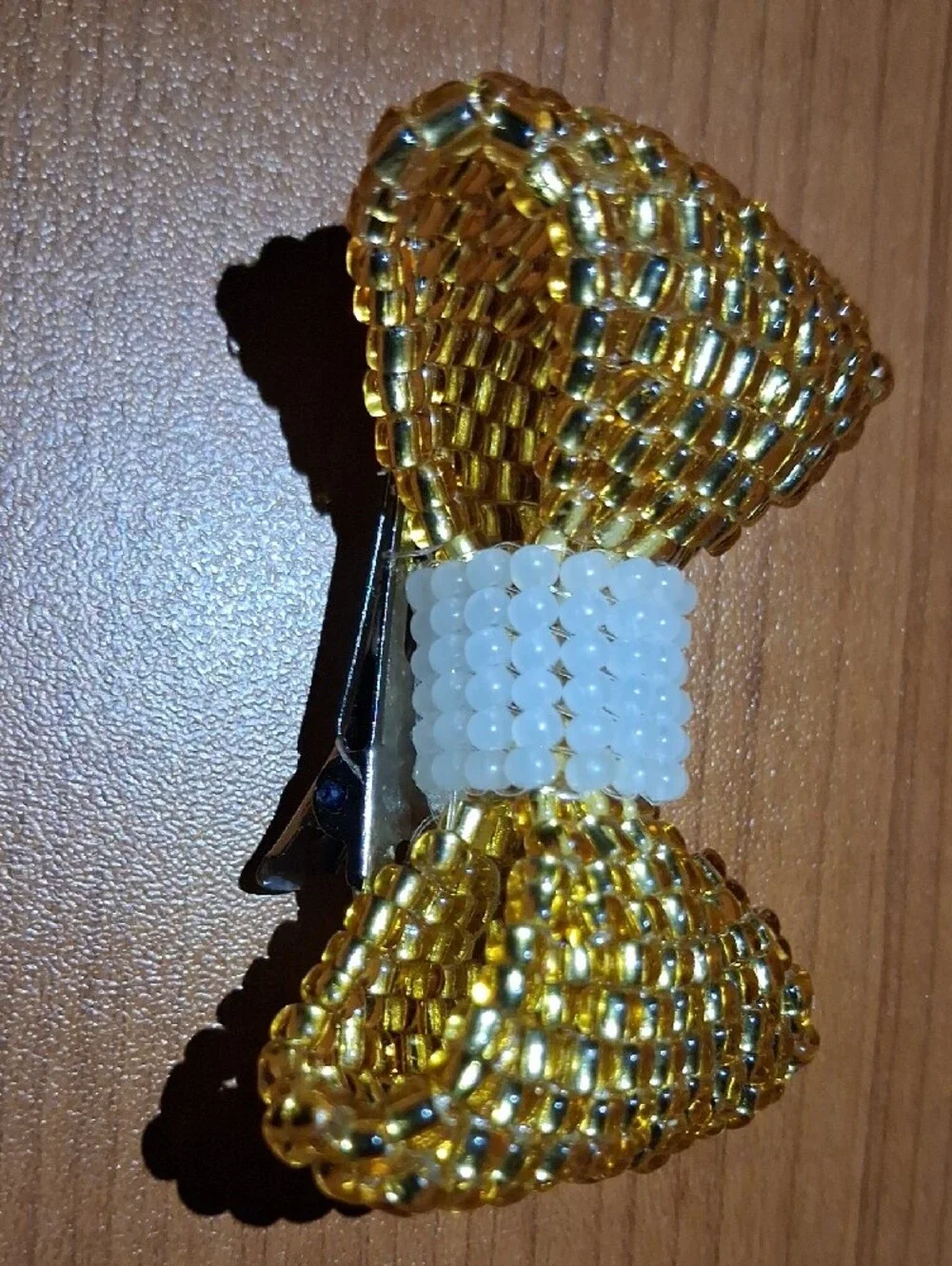 Gold and White Beaded Bow Hair Clip